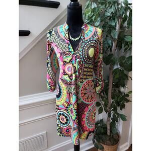 C Christian Sheath Dress Women's Medium Multi Geometric Print Long Sleeve V Neck